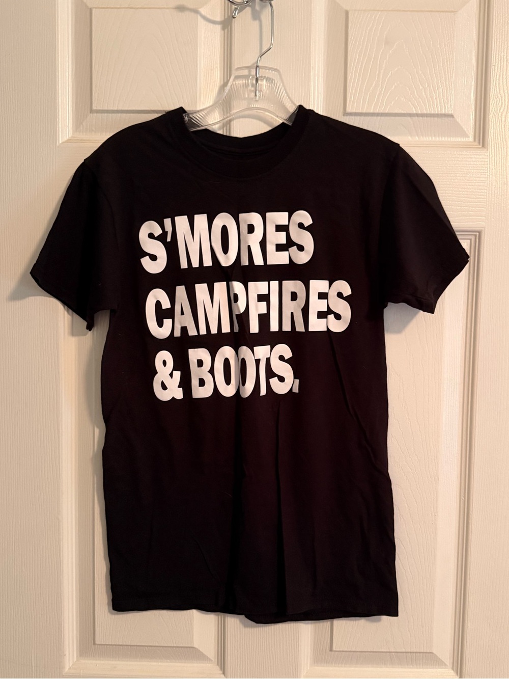 Hanes Black Tee with Bold White 'S'MORES CAMPFIRES & BOOTS' Graphic
